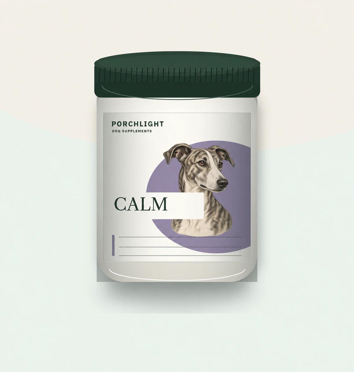 Porchlight Calm jar with a Whippet ink portrait and lavender field