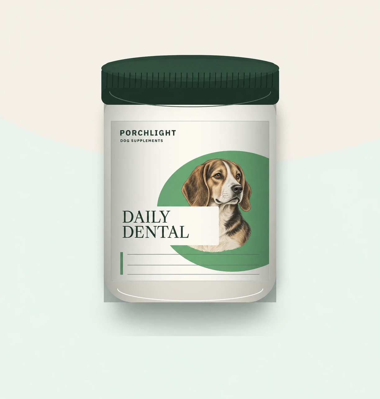 Porchlight Daily Dental jar with a Beagle ink portrait and green field