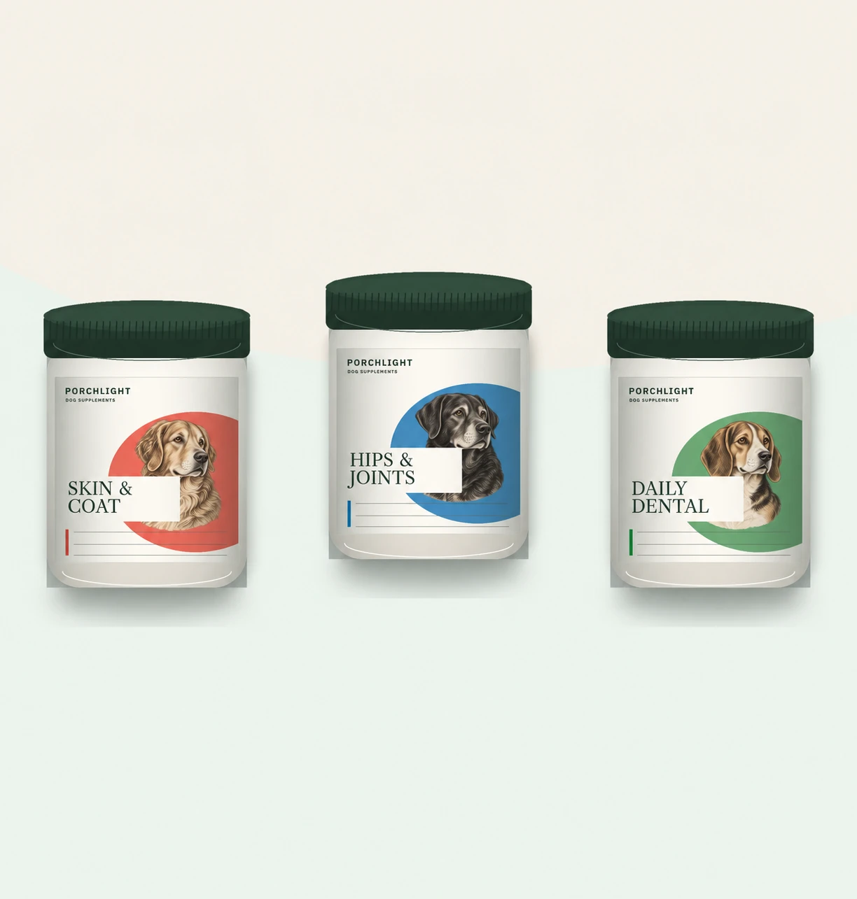 Porchlight Skin & Coat, Hips & Joints, and Daily Dental supplement jars