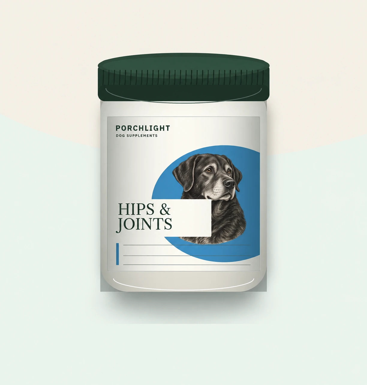 Porchlight Hips & Joints jar with a senior Black Labrador ink portrait and blue field