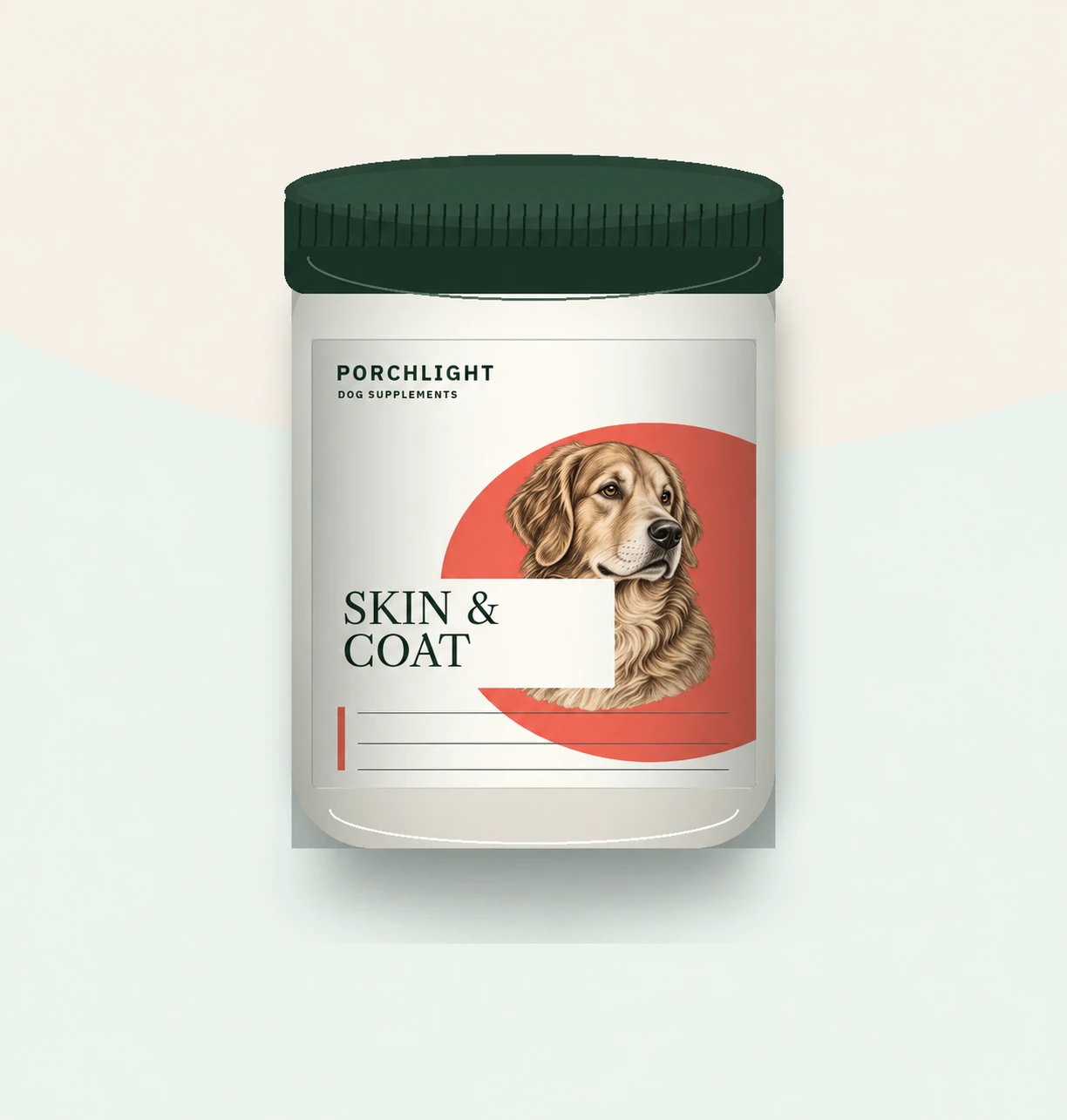 Porchlight Skin & Coat jar with a Golden Retriever ink portrait and coral field